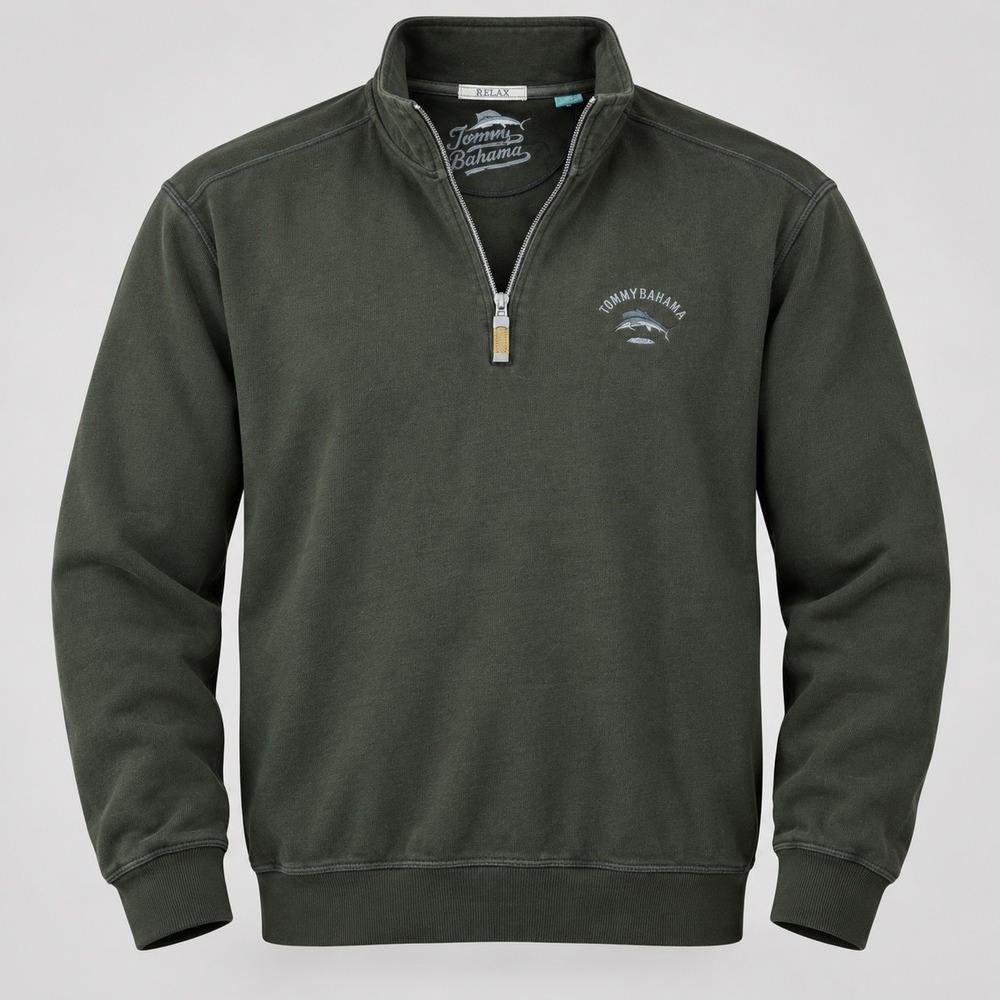 Tommy Bahama Relax 1/4 Zip Pullover Men XL Green Coastal Casual Marlin Sweater
